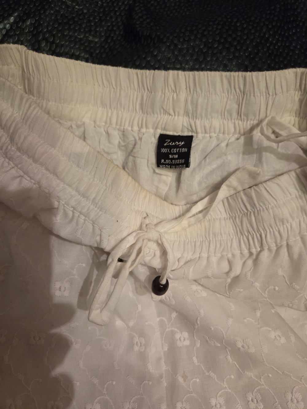 Zassy White Cotton Eyelet Wide-Leg Pants with Drawstring Waist